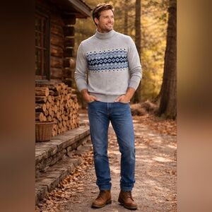 L.L.Bean Men’s Fair Isle Turtleneck Sweater Cotton Cashmere L
